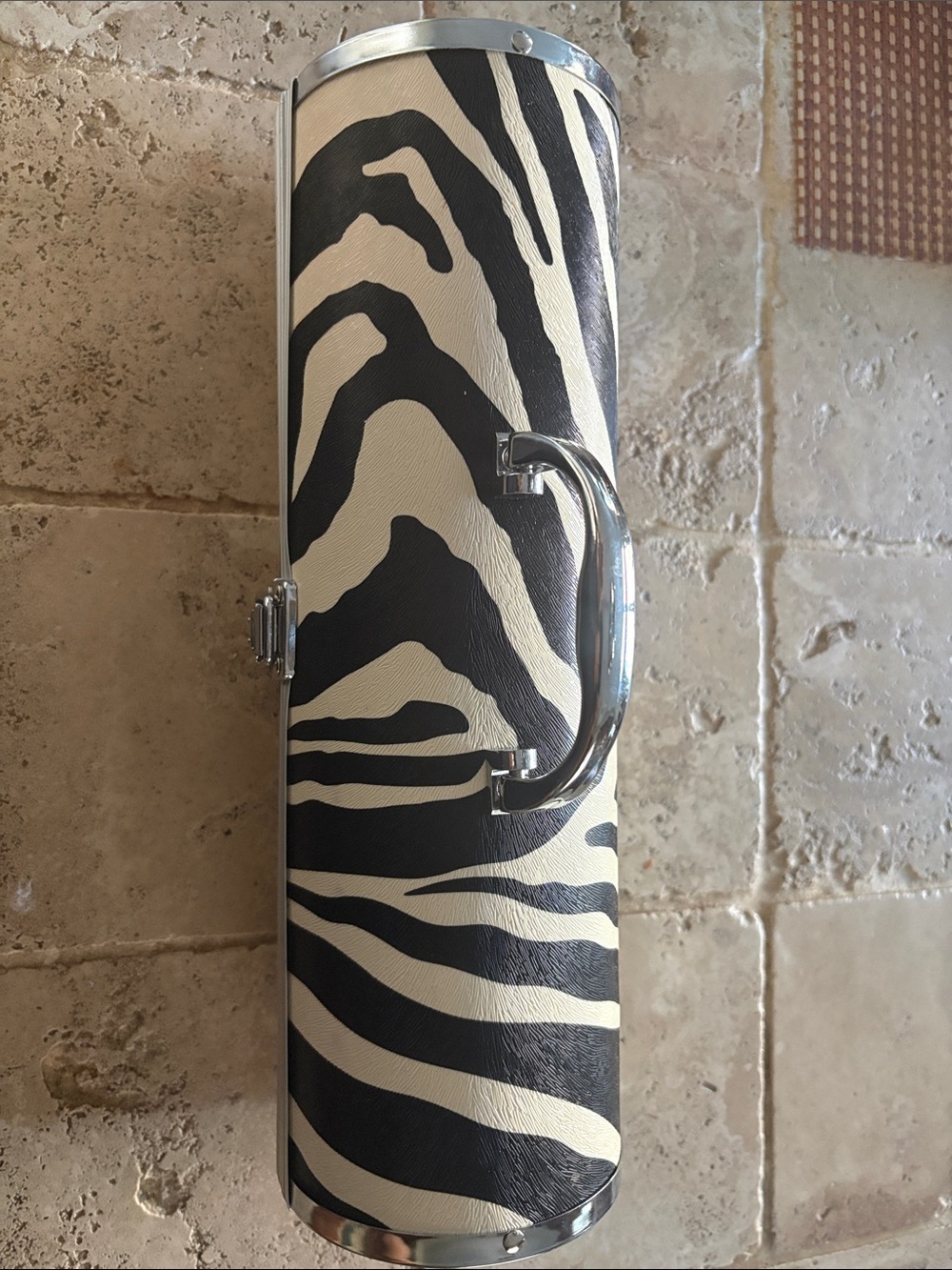 Zebra Print Round Storage Wine Case - Black and White